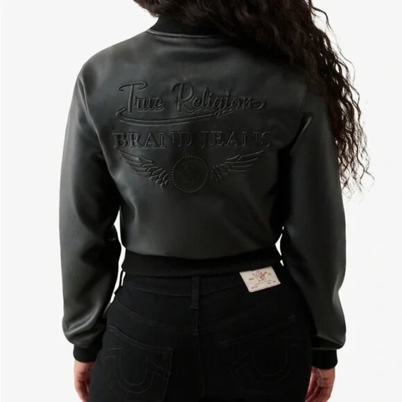 NWT True Religion Vegan Leather Cropped Bomber Jacket - Picture 1 of 14